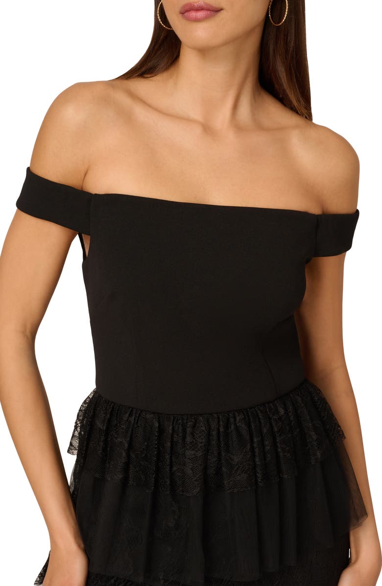 Adrianna Papell Off the Shoulder Tiered Lace Gown, Alternate, color, Black