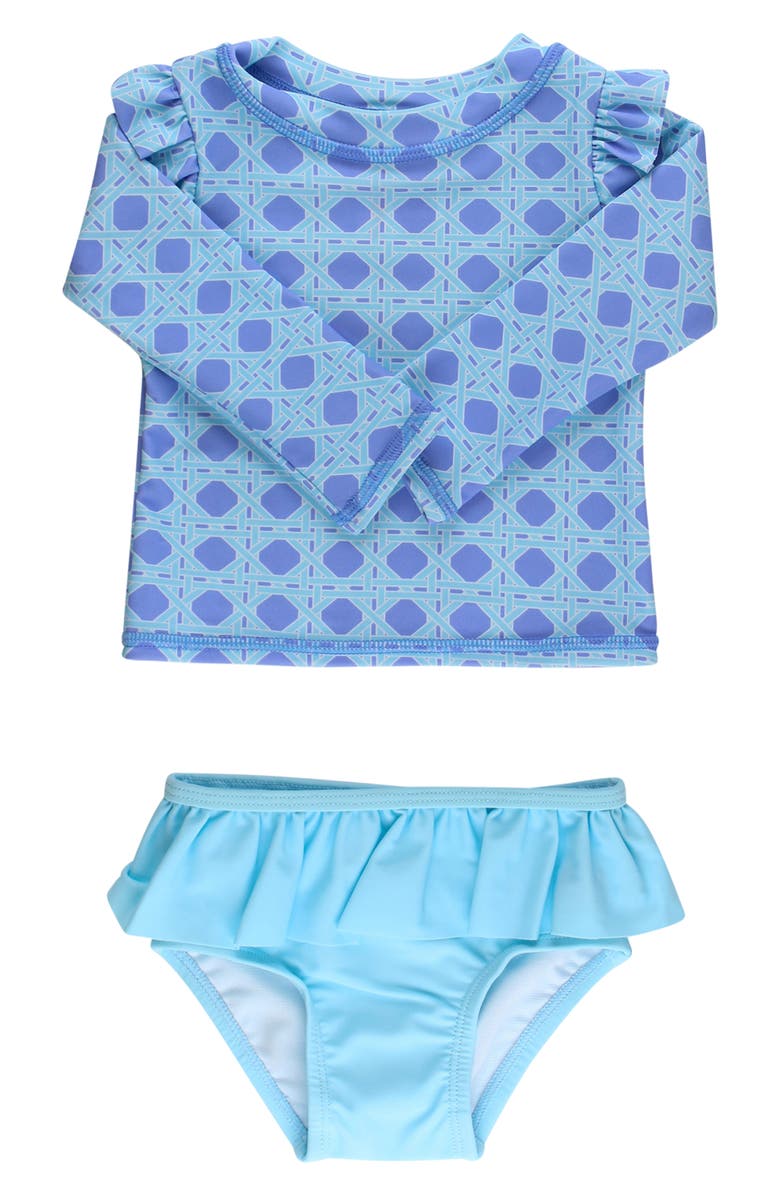RuffleButts Kids' Periwinkle Ruffle Long Sleeve Two-Piece Rashguard Swimsuit, Main, color, Blue