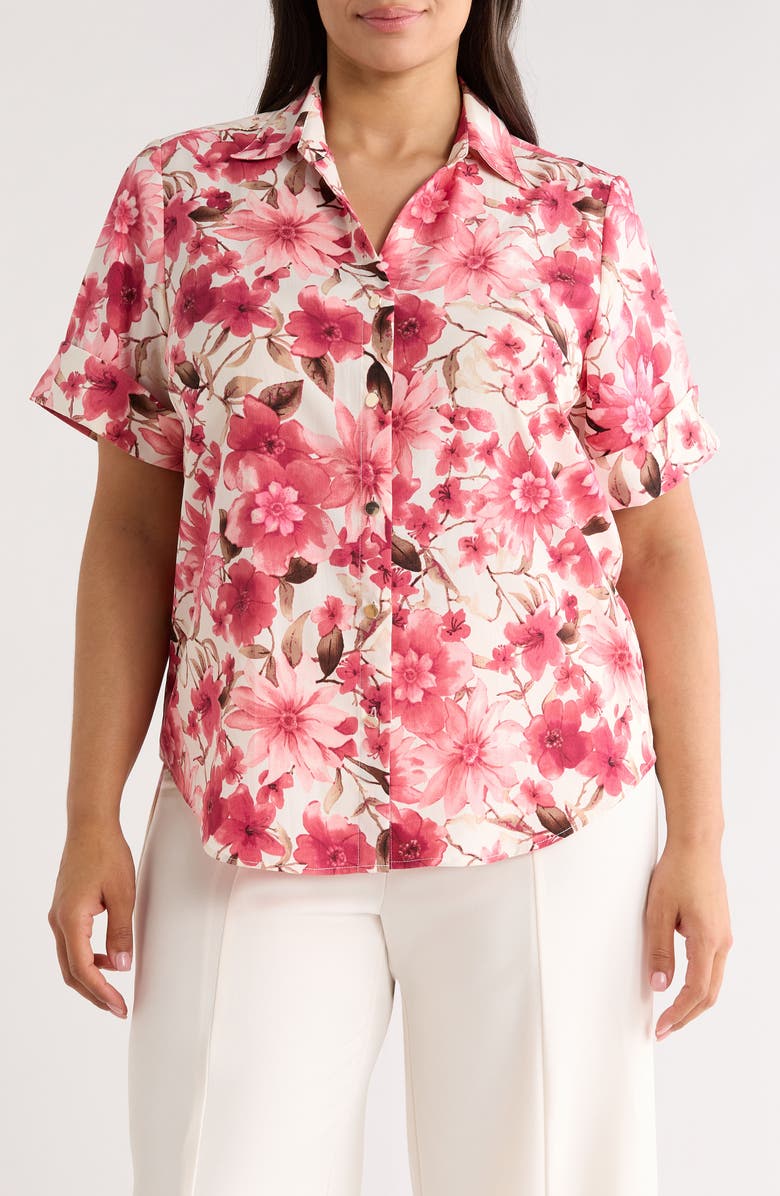 AK ANNE KLEIN Floral Short Sleeve Button-Up Shirt, Main, color, 