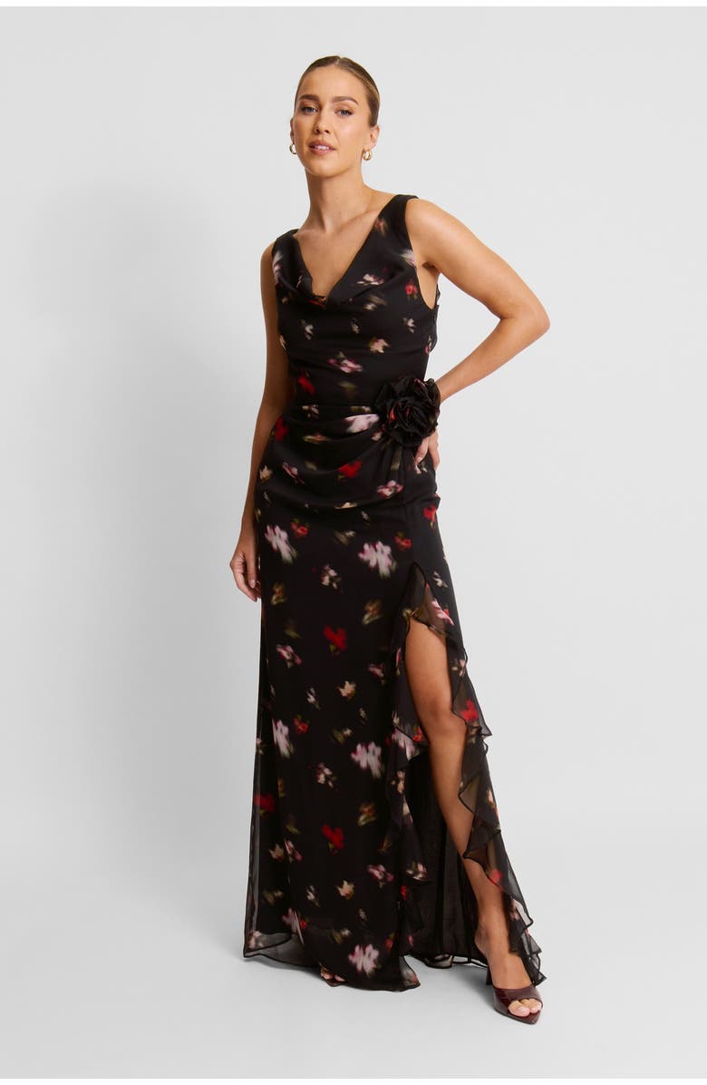Six Stories Floral Cowl Front Coursage Maxi Dress, Main, color, Black