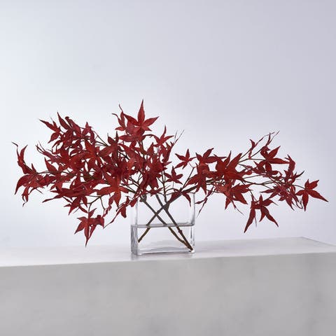 Lifelike Red Japanese Maple Branches in Modern Flat Rectangle Vase