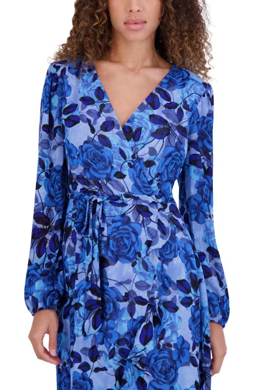 Kensie Floral Burnout Long Sleeve Midi Dress In Blue Multi