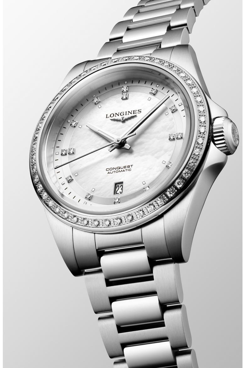 Conquest Diamond & Mother-of-Pearl Automatic Bracelet Watch, 30mm, Alternate, color, WHITE MOTHER OF PEARL