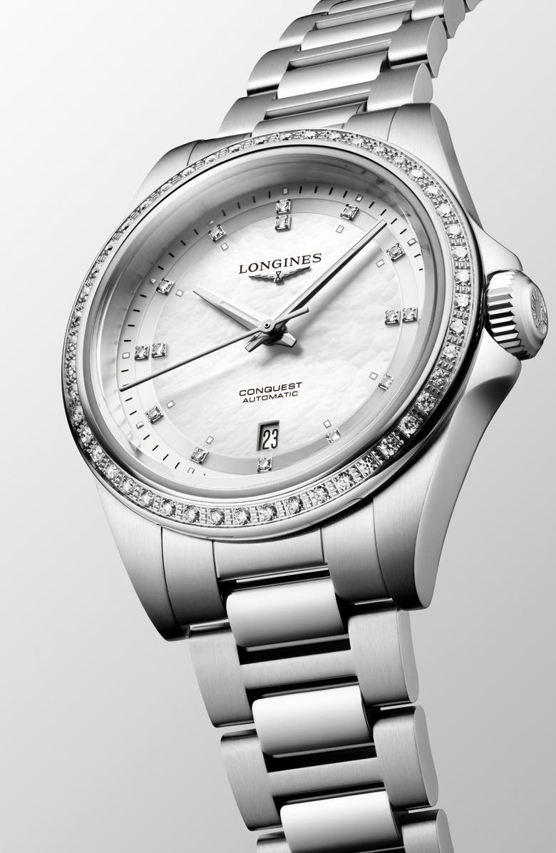 Longines Conquest Diamond & Mother-of-Pearl Automatic Bracelet Watch, 30mm, Alternate, color, White Mother Of Pearl