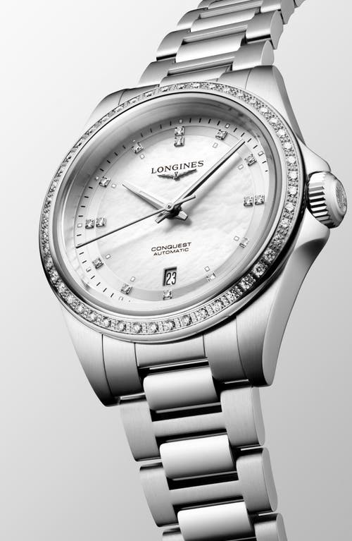Longines Conquest Diamond & Mother-of-pearl Automatic Bracelet Watch, 30mm In White Mother Of Pearl