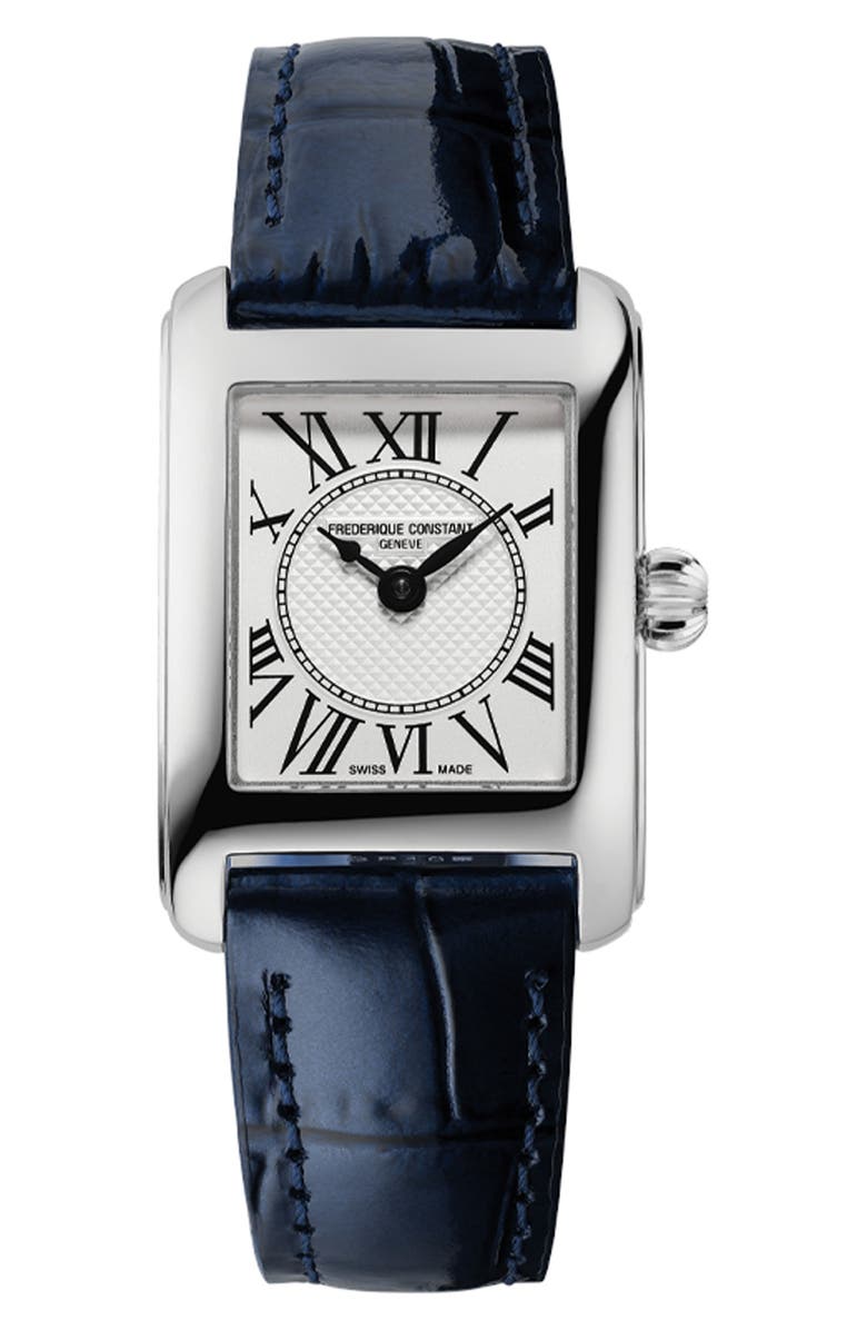 FREDERIQUE CONSTANT Carrée Leather Strap Watch, 23mm x 21mm, Main, color, Blue