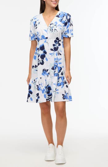 Shop Ellen Tracy Tiered Linen Blend Dress In Azure Bouquet