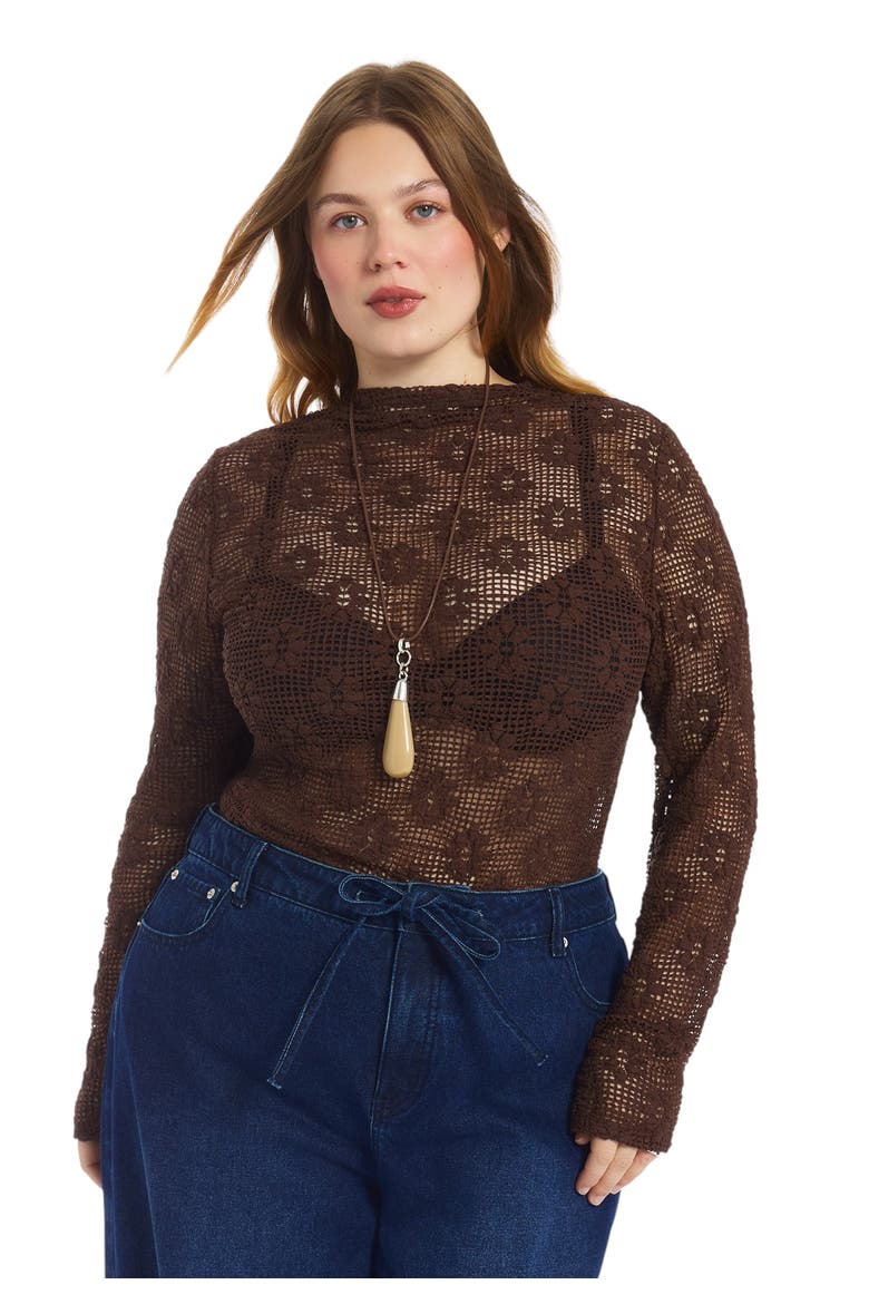 Floral Lace Mesh Funnel Neck Top (plus), Main, color, CHICORY COFFEE