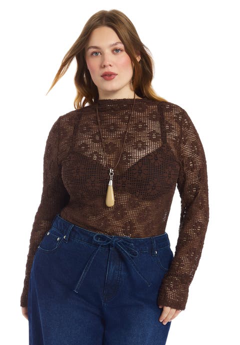 Floral Lace Mesh Funnel Neck Top (plus)
