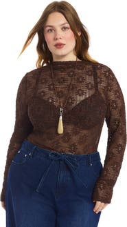 June & Vie Floral Lace Mesh Funnel Neck Top (plus)