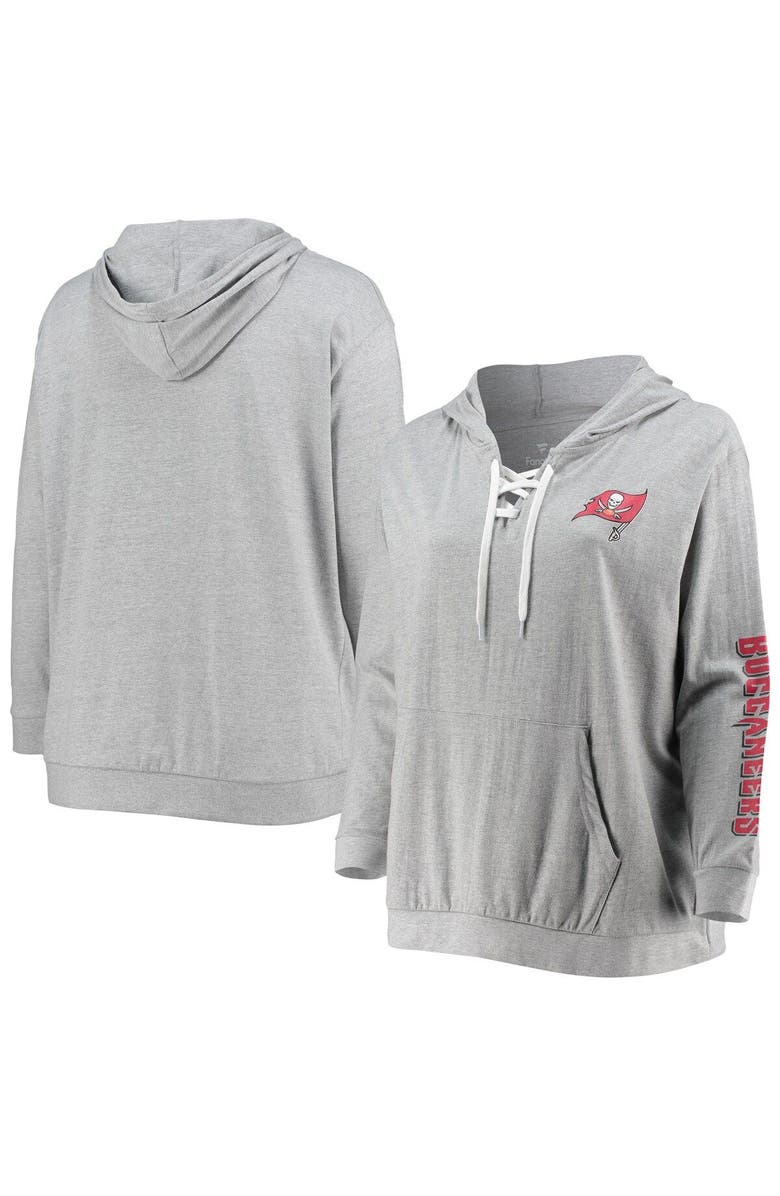 FANATICS Women's Fanatics Branded Heathered Gray Tampa Bay Buccaneers Plus Size Lace-Up Pullover Hoodie, Main, color, 