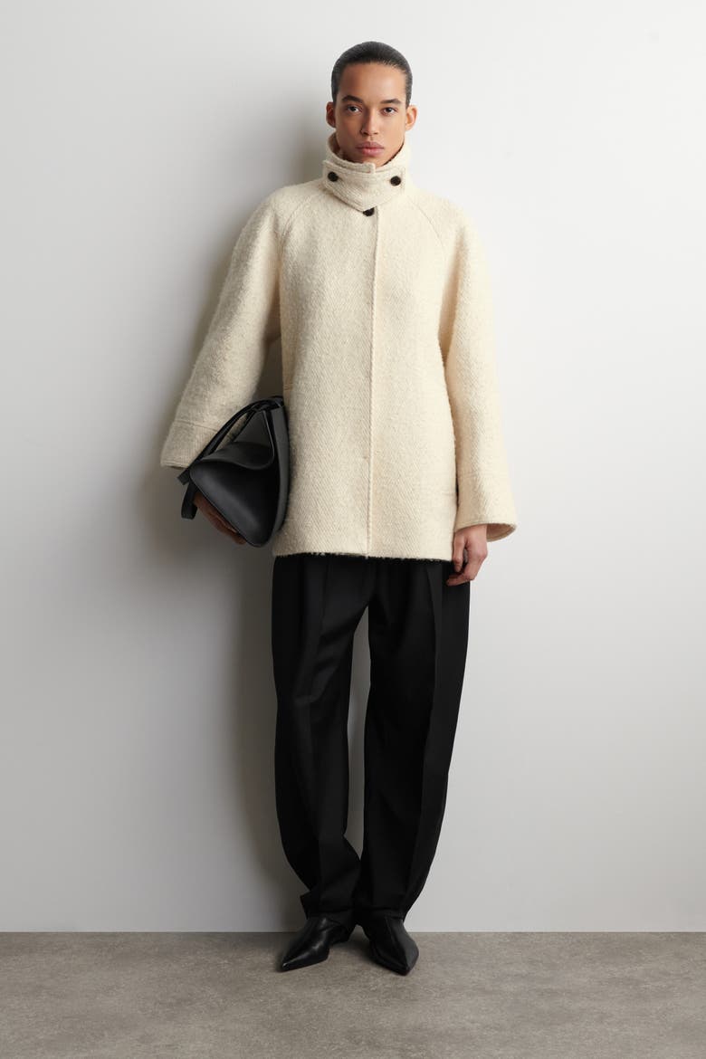 Mock-Neck Wool-Herringbone Short Coat, Main, color, CREAM