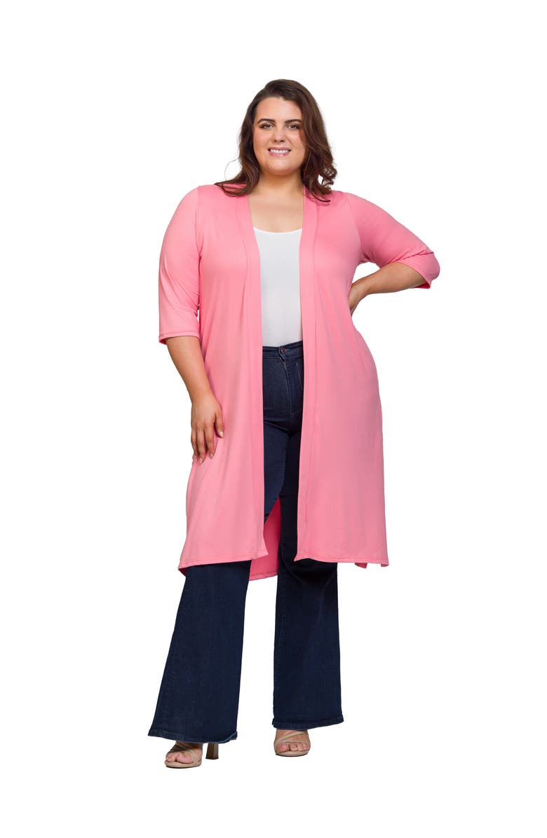 24seven Comfort Apparel Open Front Knee Length Duster Cardigan, Main, color, Coral