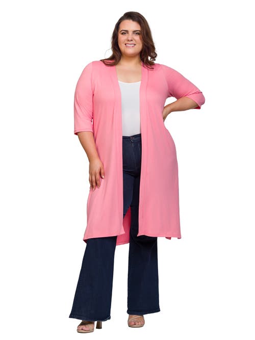 24seven Comfort Apparel Open Front Knee Length Duster Cardigan In Pink