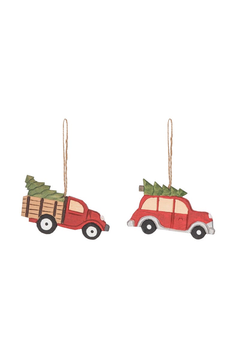 Wood Carved Truck Ornament Set of 2, Main, color, Red