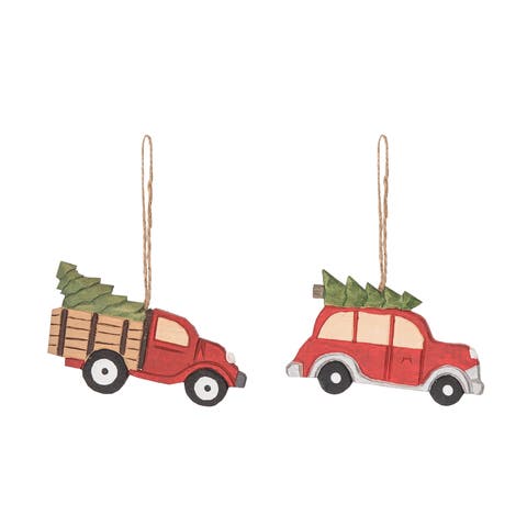Wood Carved Truck Ornament Set of 2