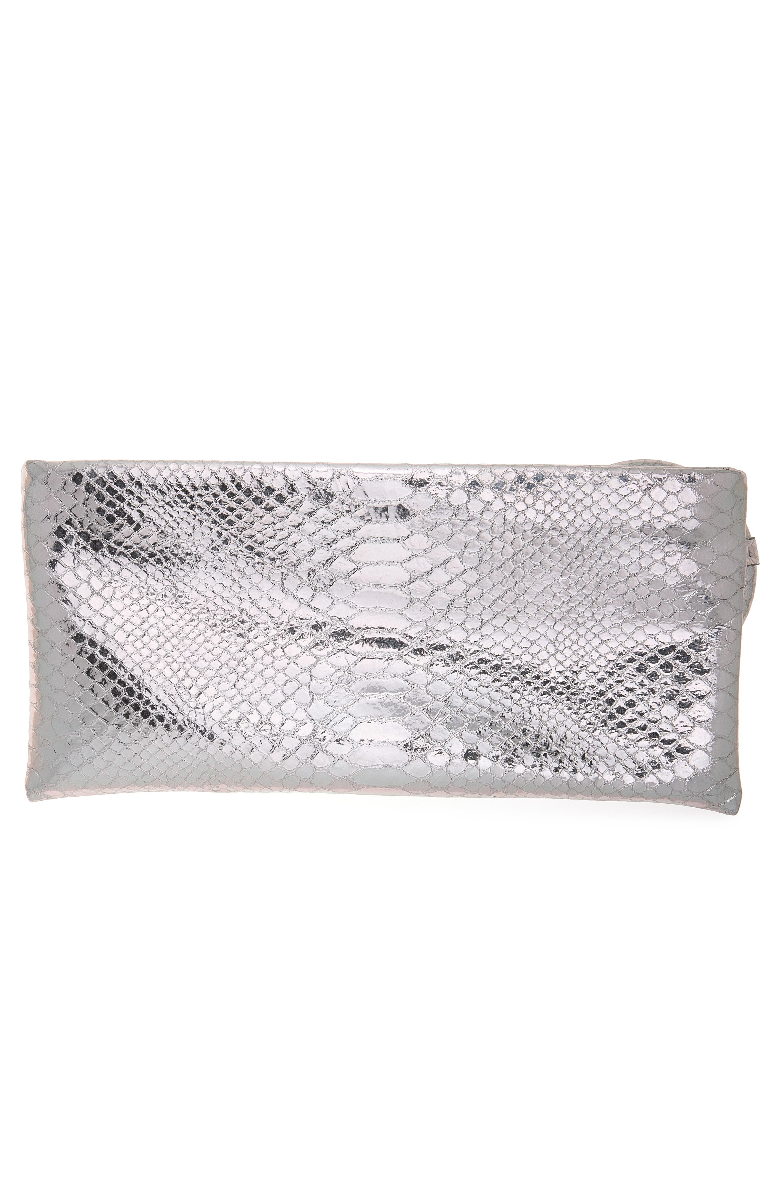 Python Embossed Leather Clutch, Alternate, color, SILVER
