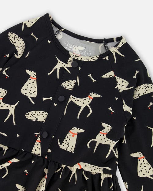 Deux Par Deux Half Button Jersey Dress Dalmatian In Black