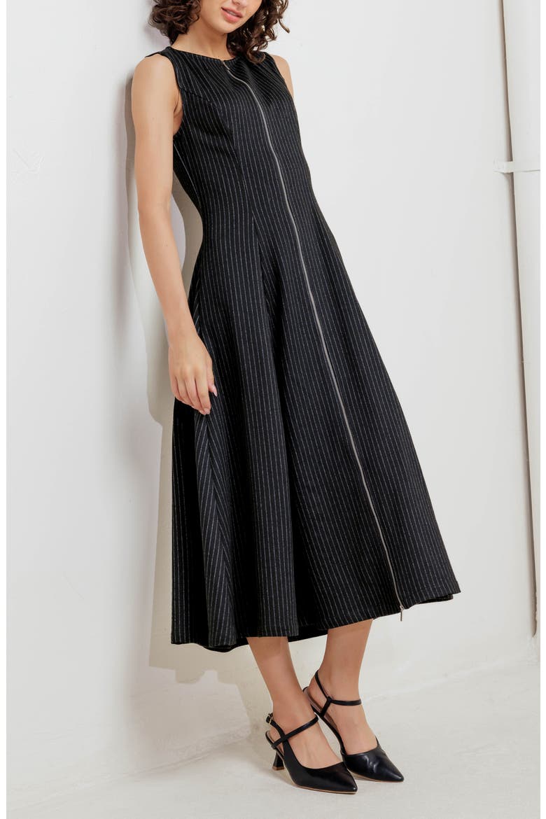 Pinstripe Zip Front Midi Dress, Alternate, color, BLACK