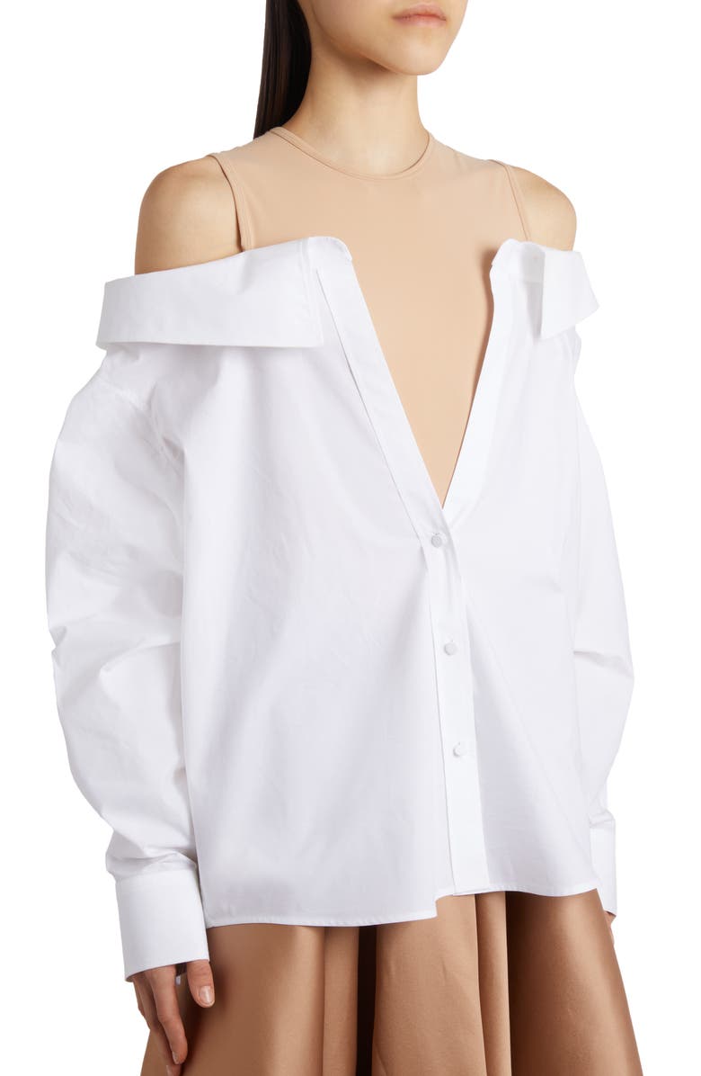 Valentino Garavani Off the Shoulder Sartorial Poplin Button-Up Shirt with Jersey Bib, Alternate, color,
