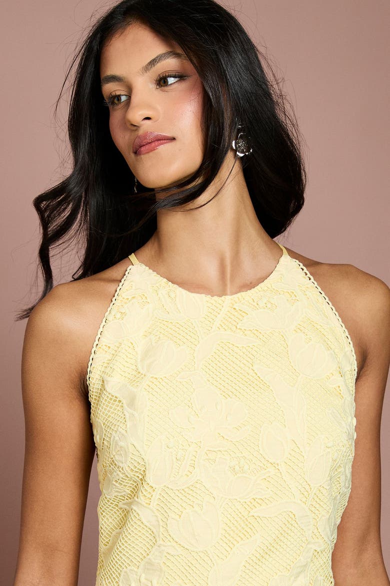 Petite Halterneck Lace Midi Dress, Alternate, color, Butter