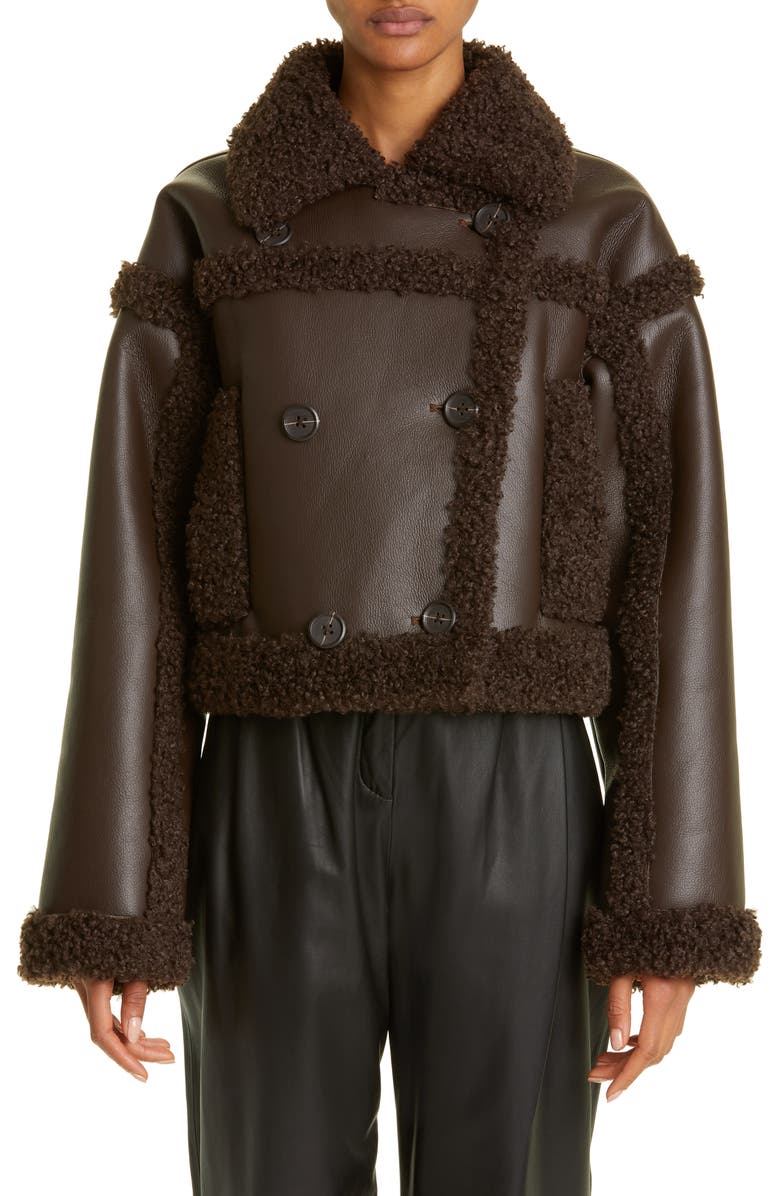 Stand Studio Kristy Double Breasted Faux Leather Crop Jacket with Faux Shearling Trim, Main, color,