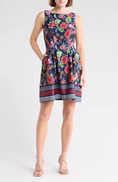 Pleated Fit & Flare Scuba Dress