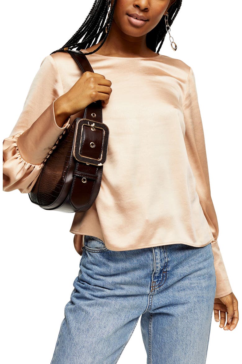 Tie Back Long Sleeve Satin Blouse, Main, color, CREAM