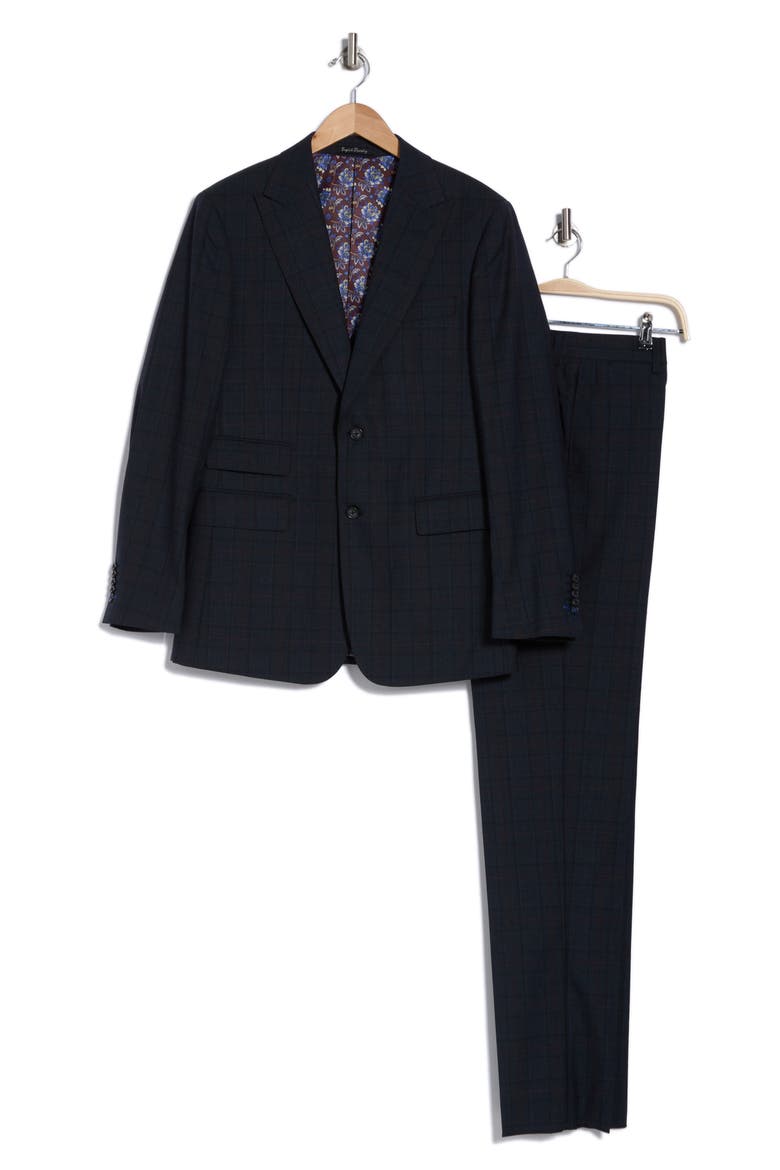 Plaid Trim Fit Peak Lapel Wool Blend Two-Piece Suit, Alternate, color, NAVY