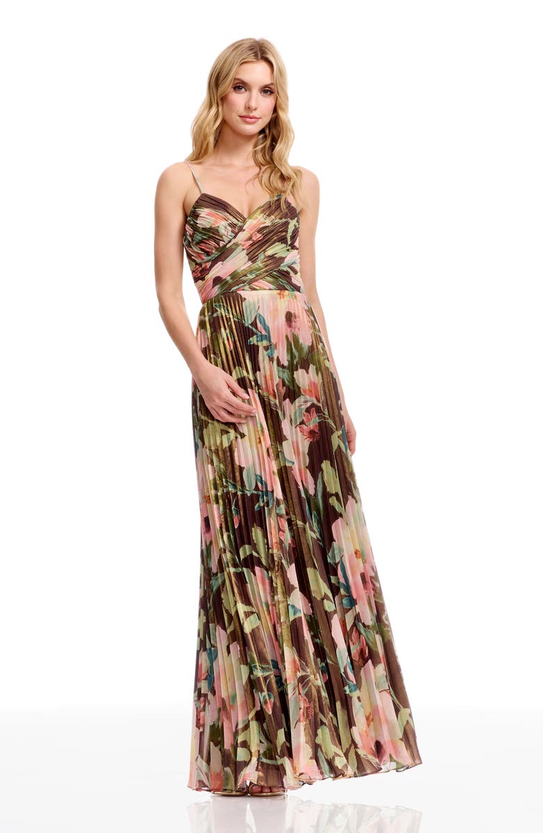 Dress the Population Floral Print Pleated Chiffon Gown, Alternate, color, Mocha Multi