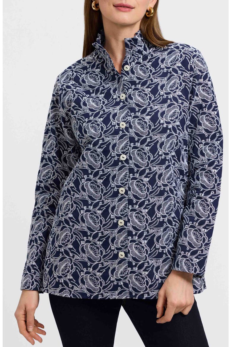 Carolina Floral Embroidered Cotton Button-Up Shirt, Alternate, color, NAVY/WHITE