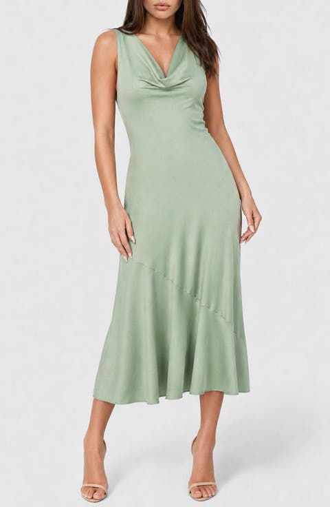 Cowl Neck Sleeveless Satin Midi Dress