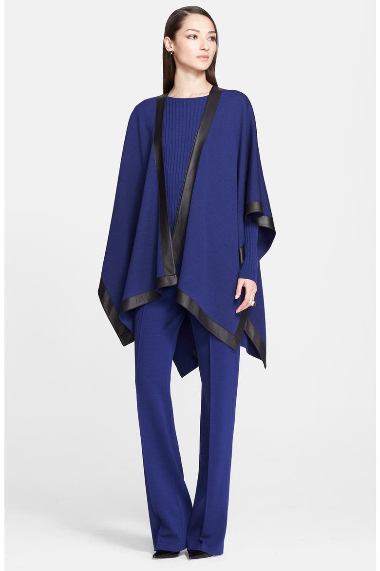 Leather Border Milano Knit Wrap, Alternate, color, VIVID DENIM/ CAVIAR