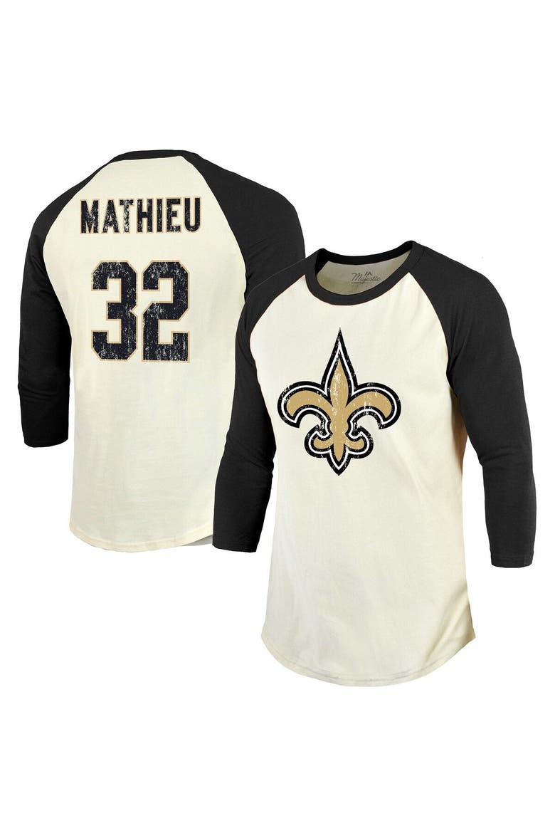 Men's Majestic Threads Tyrann Mathieu Cream/Black New Orleans Saints Name & Number Raglan 3/4 Sleeve T-Shirt, Main, color, Cream