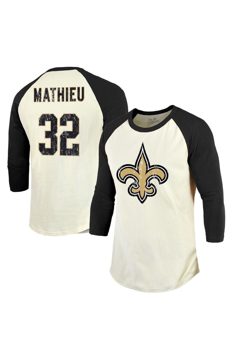 Majestic Threads Men's Majestic Threads Tyrann Mathieu Cream/Black New Orleans Saints Name & Number Raglan 3/4 Sleeve T-Shirt, Main, color, 