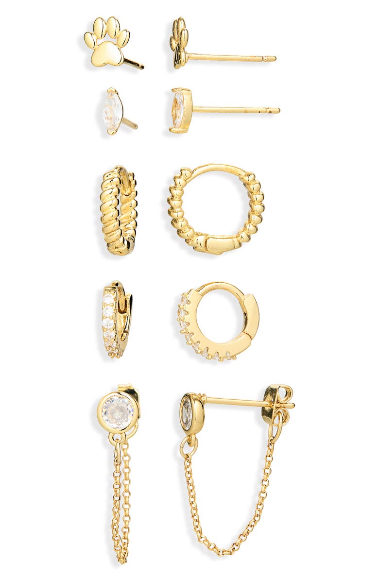 Leith Set of 5 Cubic Zirconia Paw Print Stud & Hoop Earrings, Alternate, color, Clear- Gold