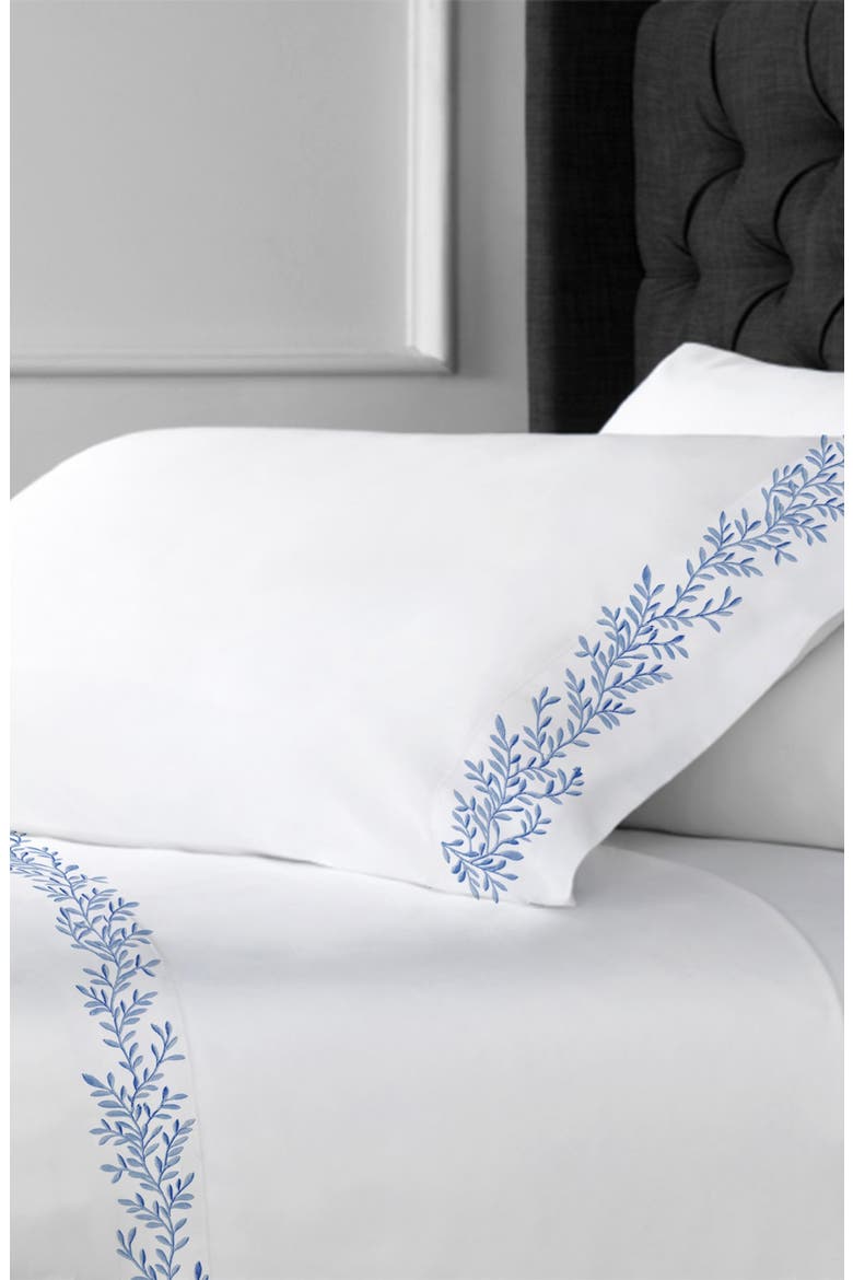Floral Leaf Embroidered 600 Thread Count 100% Cotton Sheets, Alternate, color, BLUE