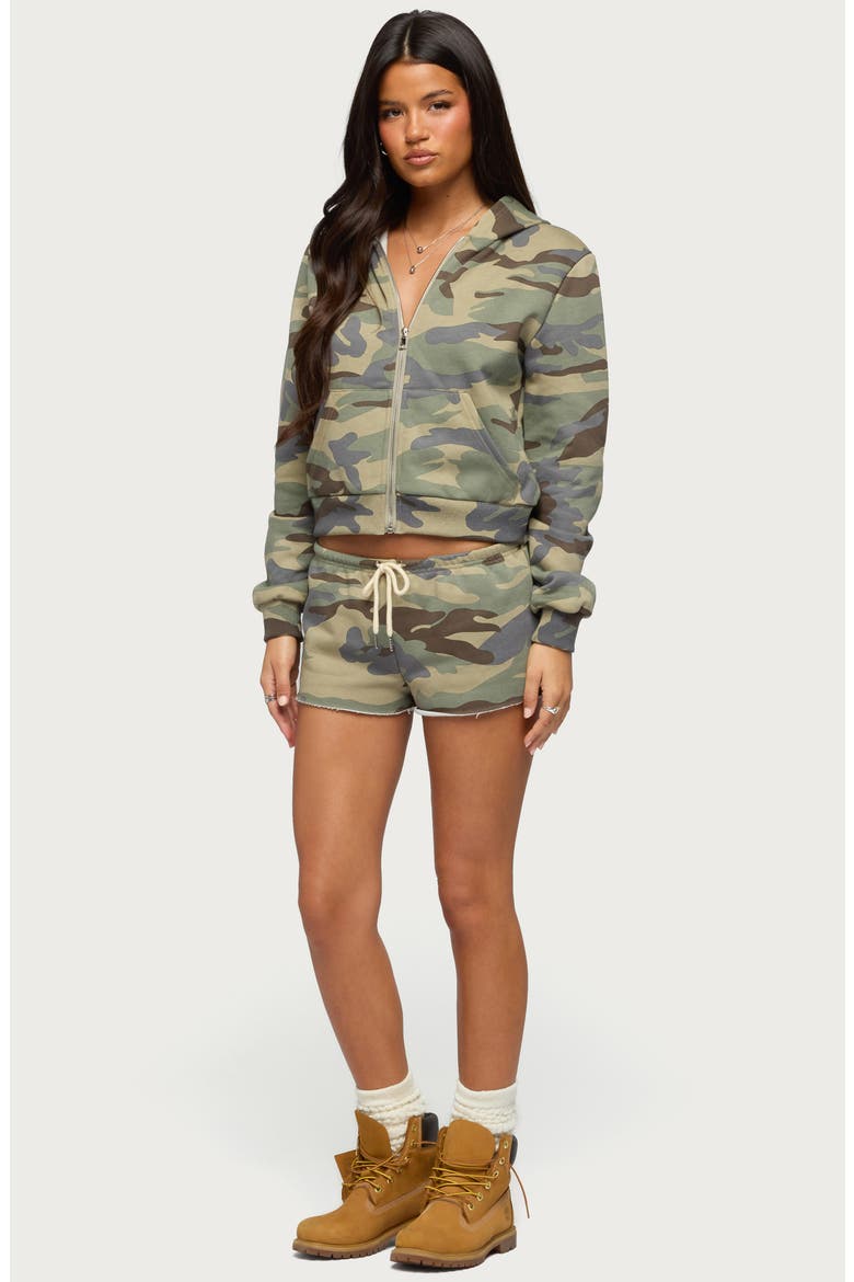 Camo Print Raw Hem Drawstring Shorts, Alternate, color, OLIVE