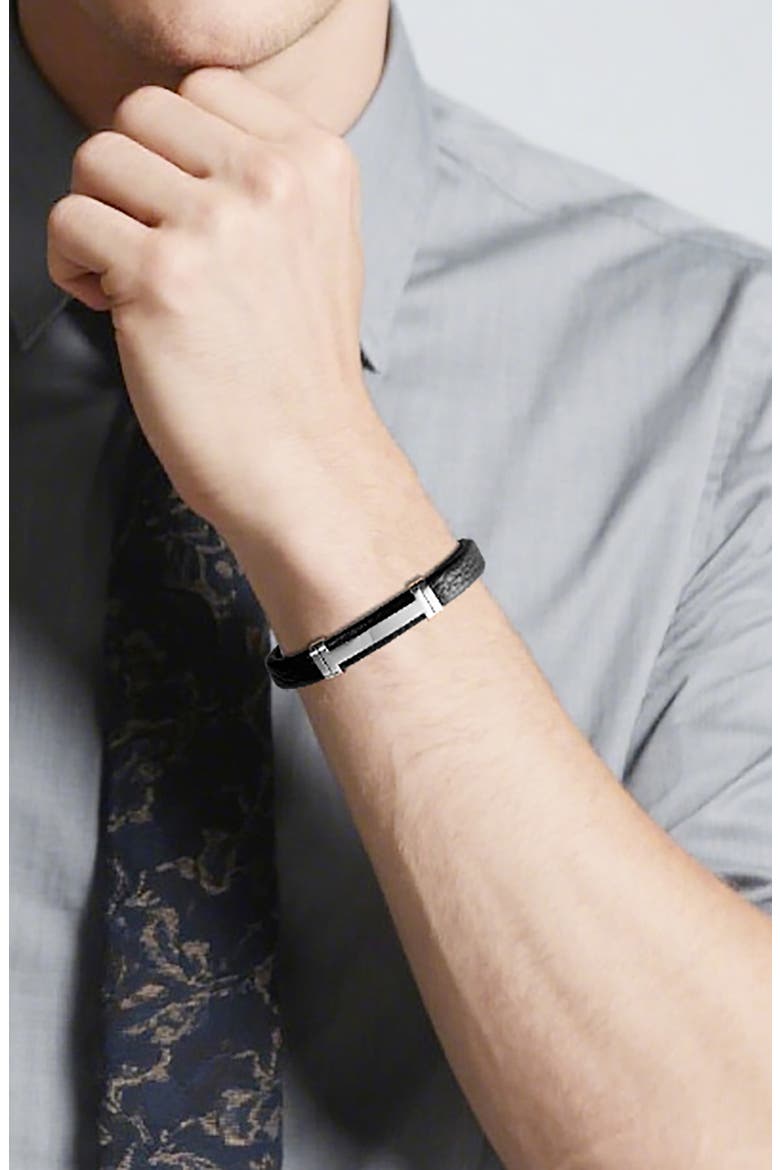 Men's Stainless Steel Cutout ID Leather Bracelet, Alternate, color, BLACK