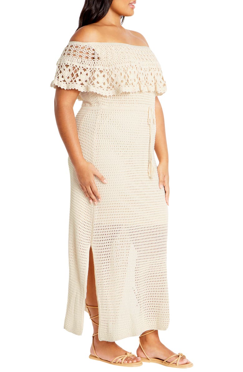 City Chic Callie Open Stitch Tie Waist Off the Shoulder Maxi Dress, Alternate, color, Natural