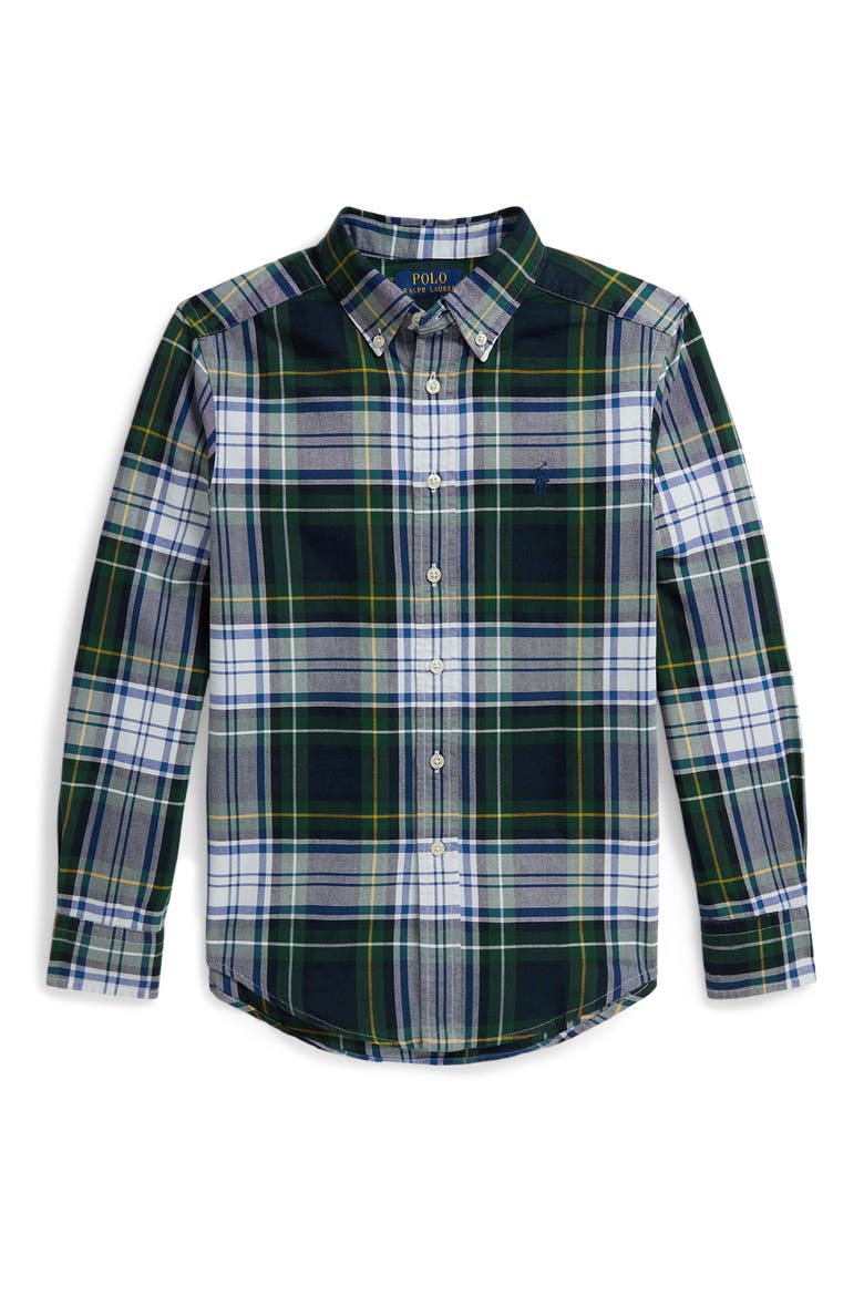 Kids' Plaid Cotton Oxford Button-Down Shirt, Main, color, WHITE GREEN MULTI