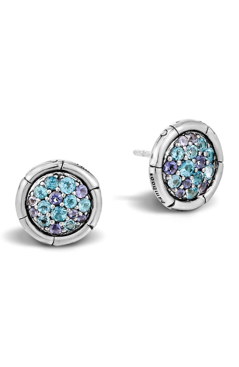 John Hardy Sterling Silver Pave Mixed Stone Bamboo Textured Circle Stud Earrings, Main, color, 