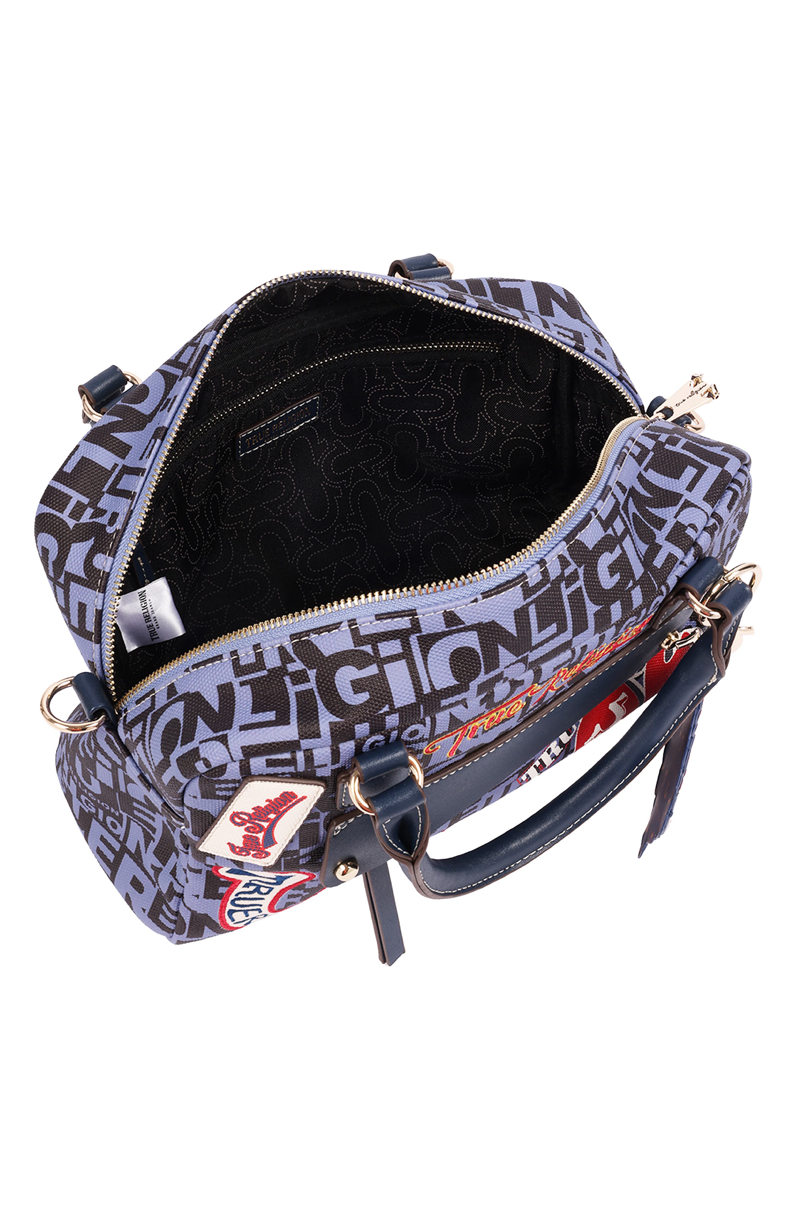 Multi Patch Faux Leather Graphic Satchel, Alternate, color, NAVY