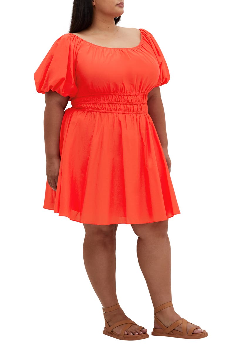 Lillian Puff Sleeve Cotton Fit & Flare Dress, Alternate, color, SUNSET CORAL
