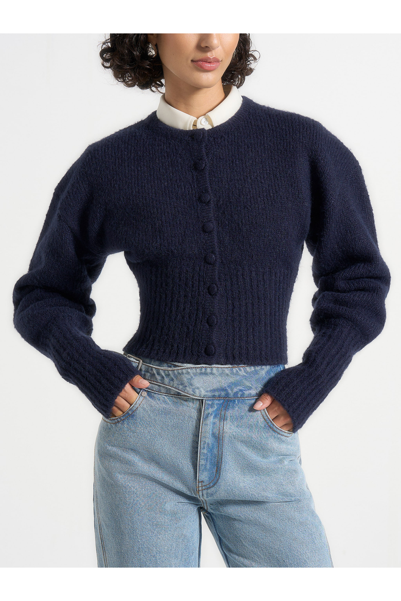 Mayla Fitted Cinch Knitted Cardigan, Main, color, Navy