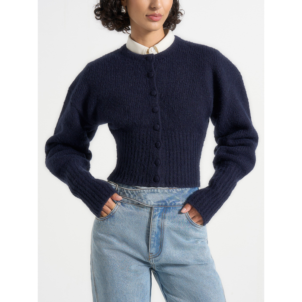 Manière De Voir Mayla Fitted Cinch Knitted Cardigan In Navy