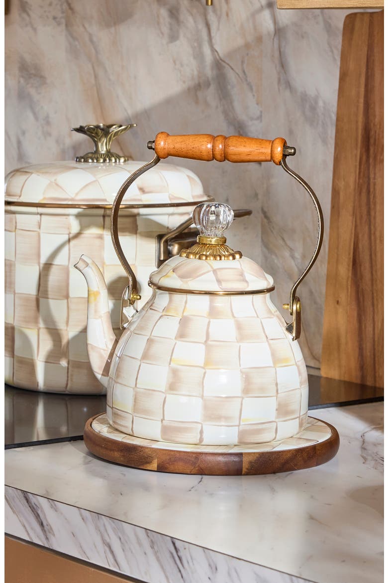 Mocha Check Enameled Steel 2-Quart Tea Kettle, Alternate, color, MOCHA