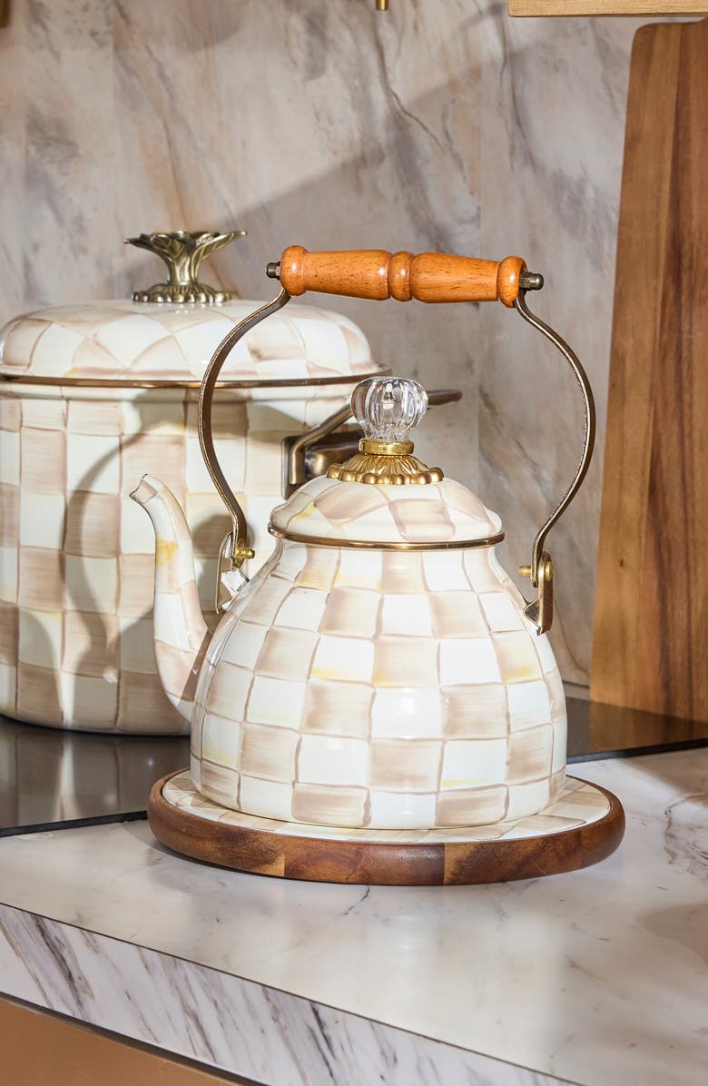 MACKENZIE CHILDS Mocha Check Enameled Steel 2-Quart Tea Kettle, Alternate, color, 