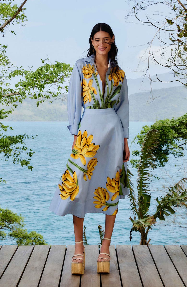 FARM Rio Blue Banana Cocina Stripe Cotton Midi Skirt, Alternate, color, Blue