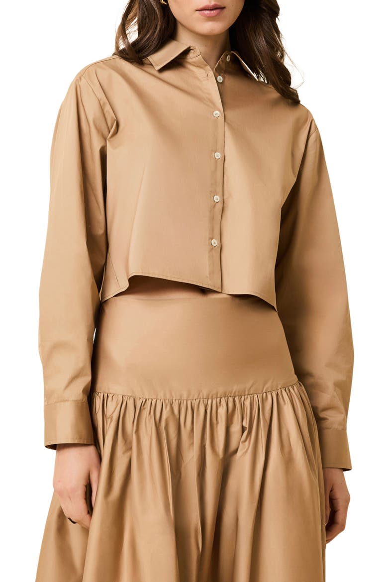 The Cropped Avril Button-Up Shirt, Main, color, CAMEL